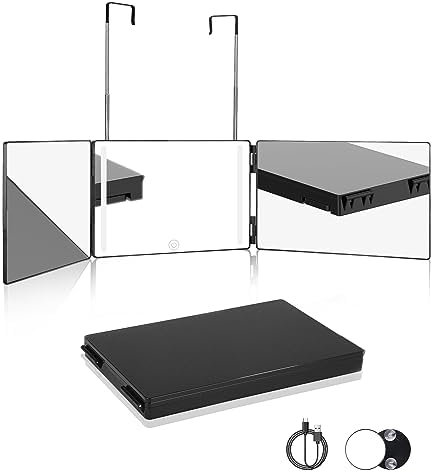 Xespis Espejo de 360 grados con iluminación, autocortante, cosmético recargable, altura ajustable y plegable, espejo de aumento 10x para peinar el cabello, maquillaje