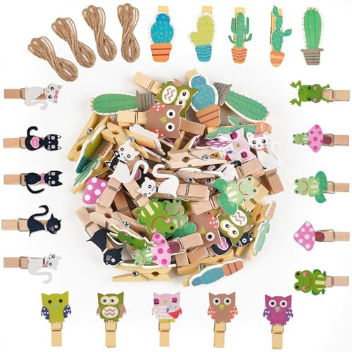 40 Stück Holzklammern Klein, 3.5cm Mini Holzklammern, Dekoklammern Mit 4 Motiv, Holzklammerns Klein für Fotos Bilder Collagen Postkarten Geschenke