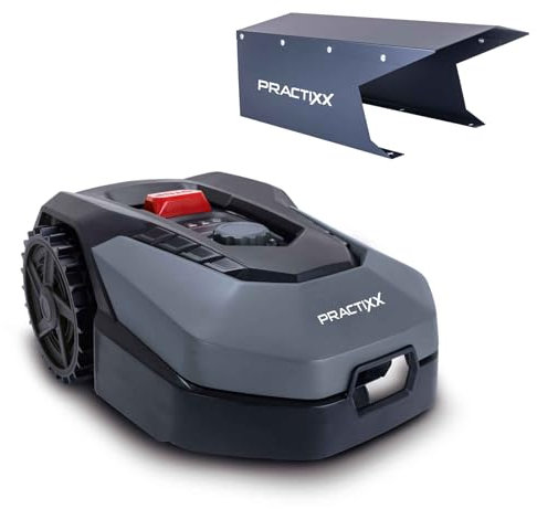 Practixx Mähroboter bis zu 600 qm² | 18cm Schnittbreite | 20-60 mm Schnitthöhe | Regensensor | Kantenmähen | Wireless | App-gesteuert | Digitale Anzeige | 35% Steigung | PX-RRM-600Wi inkl. Garage