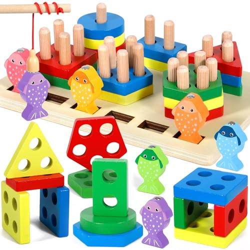 GUHAOOL Giocattoli per Bambini Montessori, 2 in 1 Forme Geometriche Ordinamento e Impilamento Block Board con Gioco di Pesca,Giocattolo in Legno, Regali Natale per Bambini 3 4 5Anni Ragazzi Ragazze