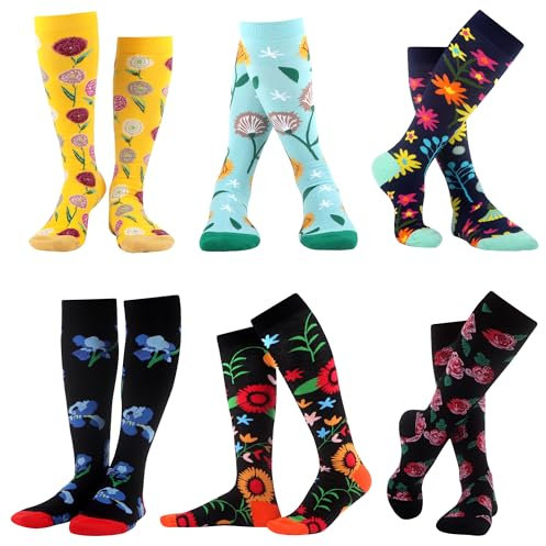 WeciBor Damen Lustige Bunte Socken Gekämmte Baumwolle Neuheit Motive Kniestrümpfe, 6 Paar, Größe 39-42