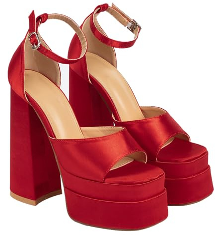 Scarpe con Tacco E Plateau Tacco Largo Peep Toe Pumps Cinturino alla Caviglia Fibbia Sandali 15cm da Matrimonio Ufficio Feste Sexy Scarpe (Rosso,37)