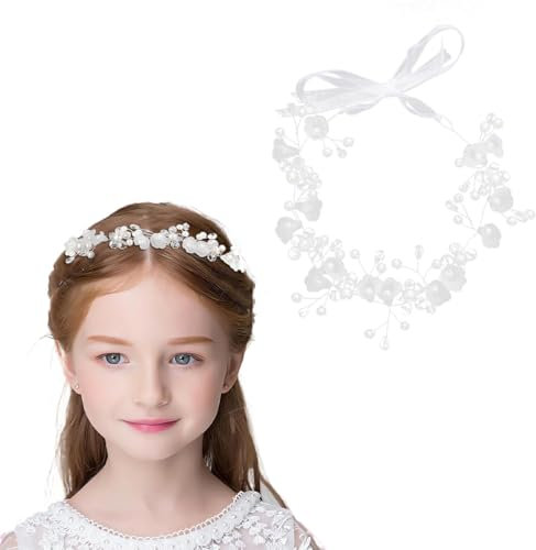 ZOPJUMA Haarreifen Mädchen Blumenmädchen Haarband Weiß Haarreif Kopfbedeckung Prinzessin Blume Perle Krone Kristall Braut Hochzeit Haarschmuck Blumenmädchen Blumenkranz Haare Damen(B)