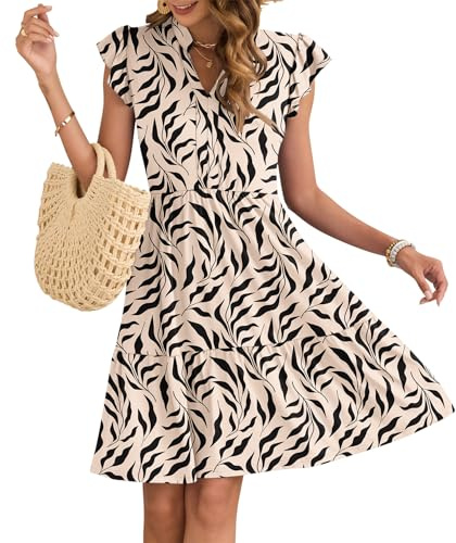 AUSELILY Robe ete Femme Volants Manches Courtes col en V Mini Robe Poches | Robe de Plage Décontractée Taille élastique élégante Léger et Respirant