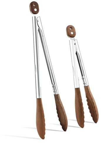 Bakpoco 10 & 13 Inch Wooden Tongs for Cooking, Kitchen Stainless Steel Salad Tongs with Walnut Wood Tip, Serving Food Toaster Bread Non Toxic Grill Tong, Smooth Locking & Hanging Cooking Utensils Set