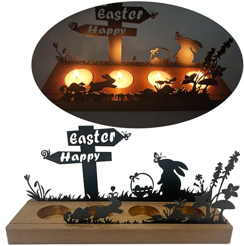 Osterdeko Kerzenhalter aus Holz, Teelichthalter für Osterhase deko, Dekorativer Kerzenständer für 4 Teelichter, Tischdeko mit Osterhasen & Frühlingsmotiven ostergeschenke Osterdeko