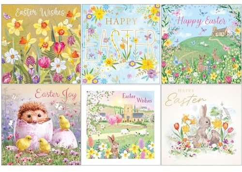 Noel Tatt Easter Greeting Cards Pack of 6 - Happy Easter Cards with 6 Assorted Designs - Spring Flowers, Countryside and Cute - General Multipack for Family, Friends and Children - 127 x 127mm