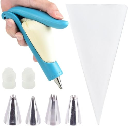 Siringa per guarnire, in acciaio inox, con 10 sac à poche usa e getta, 4 beccucci in acciaio inox e 2 frizioni, siringa per torte per cupcakes biscotti