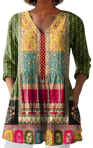 Under 10 Pounds Women Summer Tops with Pockets Linen 3/4 Sleeve V Neck Tunic Top Cotton Linen Casual T-Shirt Oversized Long Swing Blouse Shirts Ladies Clothes Tee