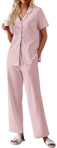 Ekouaer Women's 100% Cotton Pajamas Set Short Sleeve Button Down Pjs 2 Piece Soft Sleepwear with Long Pants Lounge Set Pink Medium