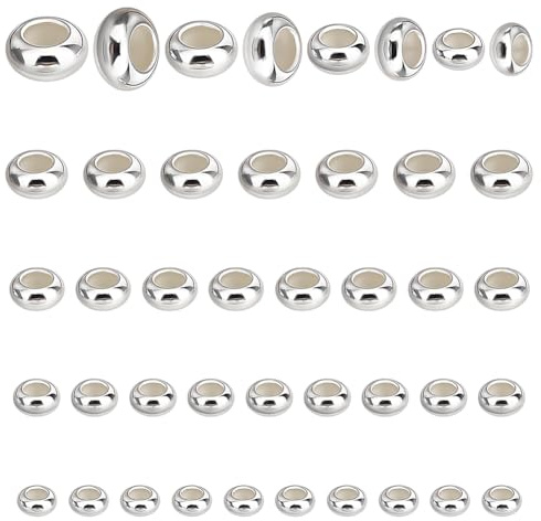 PH PandaHall Cuentas deslizantes chapadas en plata de ley 925, 80 unidades, 4 tamaños, cuentas de latón con interior de goma, cuentas espaciadoras redondas de metal para pulseras de verano, collares
