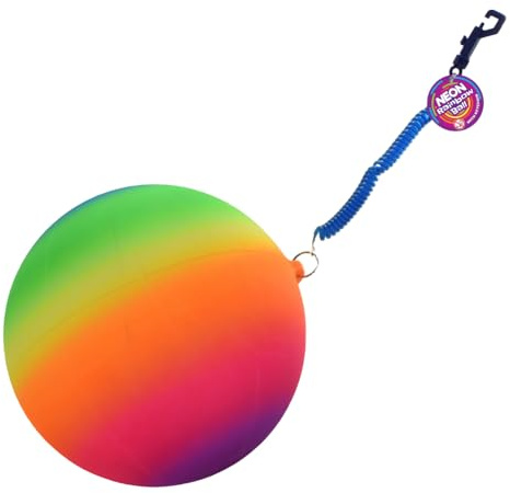 eMKay® Pack of 1 – Neon Rainbow Ball with Keychain – 20cm Inflatable Ball in Net Bag – Colourful Outdoor Summer Toys for Kids – Garden, Party, Beach, BBQ, Picnic & Party Games