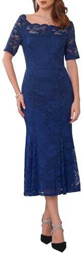 WOMLAYOUT Robe de Cocktail Femme à Épaules Dénudées, Manches Courtes en Dentelle, Style Sirène Robe Maxi pour Invité de Mariage Bleu foncé XL