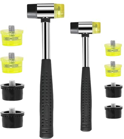 Ragyzity Rubber Hammer, 2Pcs 25mm/35mm Double-Faced Soft Hammer Mallet with 8Pcs Replacement Heads Kit, Non-Slip Rubber Handle Replaceable for Leather Crafts Watch Jewelry Flooring Installation