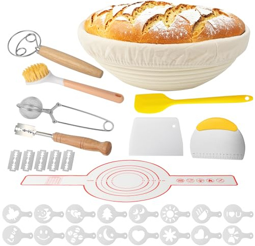 10 Pezzi Cestino Lievitazione Pane Set,23 cm Cestino Rotondo da Lievitazione,Cesto Lievitazione Pane in Rattan Naturale, Adatto ai Principianti Che imparano a Fare il