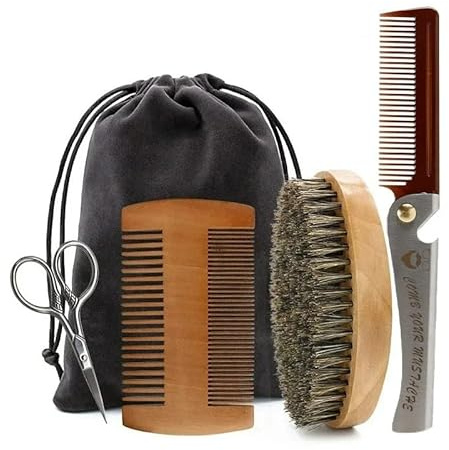 Kit di manutenzione Barba e Baffi – Spazzola per Barba in Setole Naturali, Pettini in Legno, Forbici di Precisione e Sacchetto di Stoccaggio – Set di Cura per Uomo