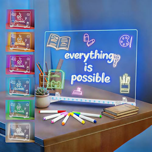 LED Note Board with Colors, Rechargeable Light Up Acrylic Message Board | Glowing Acrylic Dry Erase Board,Include Hanging Chain,Led Drawing Board,7 Color Markers,Spray Bottle,Fun Gift Idea for Kids