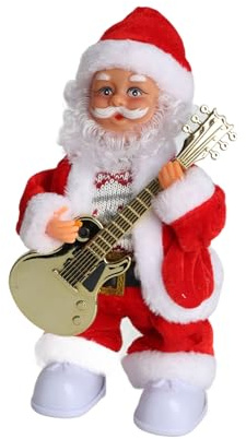 Fictory Chitarra a batteria che suona l'ornamento di Natale dell'uomo vecchio, figura musicale di Babbo Natale a dondolo con pile e materiale PC per la decorazione dell'albero delle vacanze