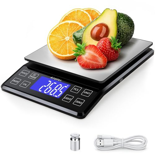 Ataller Rechargeable Digital Kitchen Scale, 0.1g Resolution Max 5kg 11Ibs | Food Scale with PCS Counting, Hold, Tare Functions, 6.3x6.3 Large Stainless Steel Platform, for Cooking, Baking, Meal Prep
