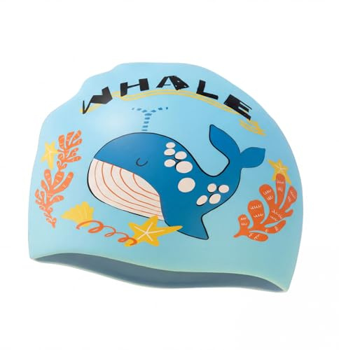 Bonnet de Bain pour Enfants 4-12 Ans, Bonnet Piscine Enfant en Silicone, Imperméable et Antidérapant，Réduit la Résistance à la Nage, Motifs Mignons (Motif Baleine)