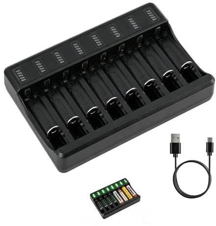 Chargeur de Piles AA AAA, Chargeur 8 Slots Intelligent, Charge Rapide pour 1.2V NiMH NiCd et 1.5V Lithium, Écran LCD Individuel, Entrée USBC, Charge Universel Rechargeable avec Protection Sécurité