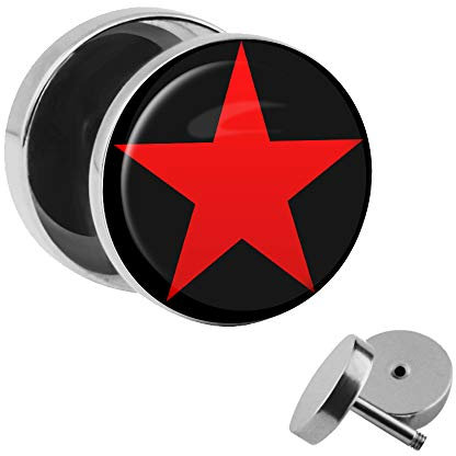 Treuheld | Ohrstecker zum Schrauben - Roter Stern - Fake-Plug mit Gewinde - Edelstahl Fake-Tunnel Ohr-Ring Silber - 5-Zack Stern Schwarz Rot Star - Ohr-Piercing Ohr-Stecker