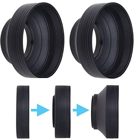 49mm Camera Lens Hood - Rubber - Set of 2 - Collapsible in 3 Steps - Sun Shade/Shield - Reduces Lens Flare and Glare - Blocks Excess Sunlight for Enhanced Photography and Video Footage