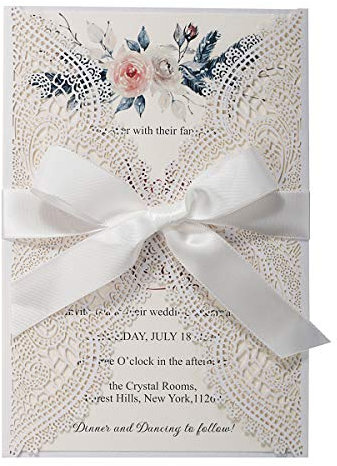Biglietti d'invito in pizzo floreale tagliati al laser bianco, con fogli interni di perle e buste per eleganti Invito a nozze battesimo bambina compleanno, 20 pezzi