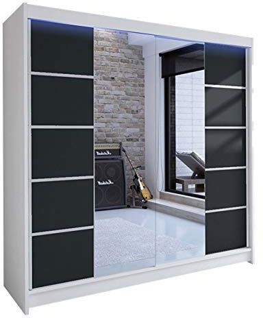Mirjan24 Kleiderschrank Talin V, Schwebetürenschrank, Garderobenschrank mit Kleiderstange und Einlegeboden, Schlafzimmerschrank, Dielenschrank (Weiß/Schwarz + Spiegel, mit RGB LED Beleuchtung)