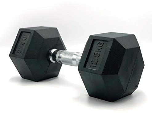 HxG.Mancuerna hexagonal ergonómica de 12,5kg con empuñadura de cromo y revestimiento de caucho que evita daños en el suelo. Tu casa es tu gimnasio. 1 Unidad.