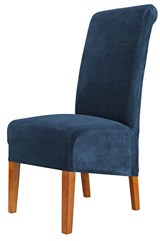 CMAKER Lot de 2 housses de chaise de salle à manger en velours extensible avec dossier haut en élasthanne élastique lavable amovible XL Bleu marine