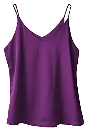 Wantschun Dam silke satin linne väst topp t-shirt blus tank skjorta v-ringad spaghettiband XXS-4XL, Basic - Purple, L