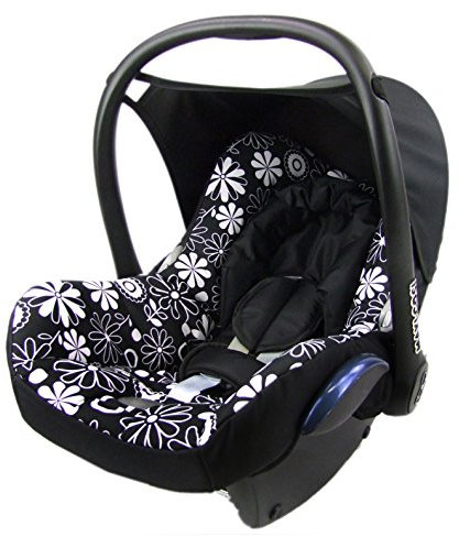 BambiniWelt by Rafael K. Bezug Ersatzbezug kompatibel mit Maxi-Cosi CabrioFix für Babyschale 6-tlg Komplett-Set (schwarz weiß Blumen)