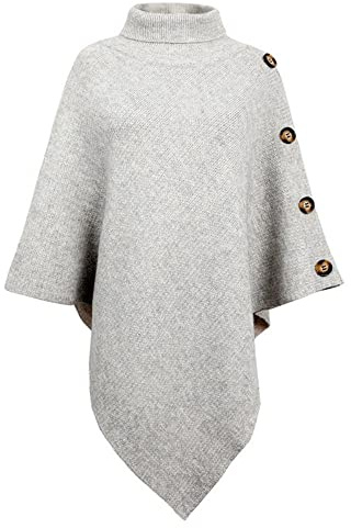 JFAN Ladies Poncho High Collar Shawls with Buttons Elegant Knitted Cape for Women Grey