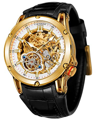 FORSINING Wasserdichte automatische Herrenuhr mit großem Zifferblatt, leistungsstark, exotische Tourbillion-Skelett-Uhr, Gold und Weiß, Armband