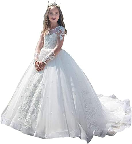 Fuomomo Vestidos de niña de Flores Blancos para Bodas Primera comunión Manga Larga Vestido Blanco de Princesa para niñas