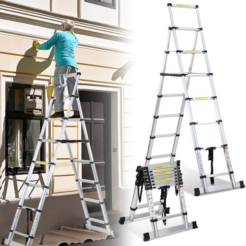 Joparri Escalera telescópica plegable de aluminio, 2,0 m + 2,3 m, marco A, 6 + 7 peldaños, escalera extensible para reparación de techos, tamaño plegado 69 cm, capacidad de carga de 150 kg