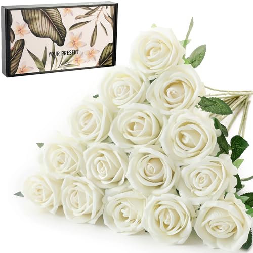 Cloudecor 15Pcs Small Fake Roses Velet Roses Long Stem Artificial Flowers Silk Flowers for Home Wedding Decoration (Pearl Roses,White)