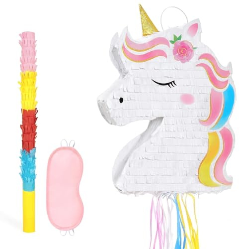 WERNNSAI Piñata Licorne Pliable – Piñata Licorne Arc-en-ciel avec Bandeau et Bâton Décorations Licornes Roses À Tirer pour Petites Filles Jeux pour Fêtes D'Anniversaire sur le Thème des Licornes