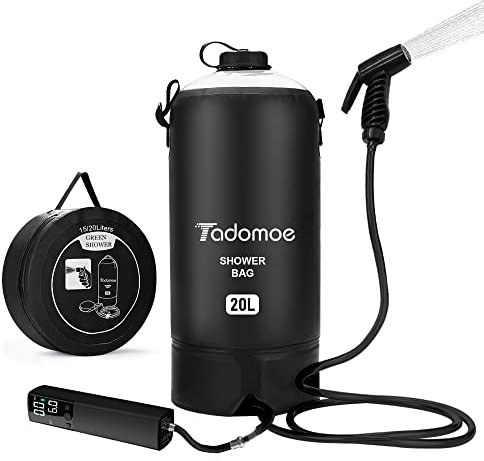 Tadomoe Camping Shower, 5Gallons/20L Portable Shower with Smart Pump, Camping Shower Portable with Handy Nozzle, Outdoor Solar Shower for Beach Camping Hiking Trip
