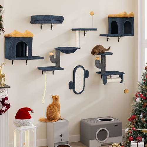YITAHOME Juego de 7 piezas para escalar gatos, escalador de felpa resistente y torres con casa para gatos, hamaca y bola colgante, gris oscuro y amarillo