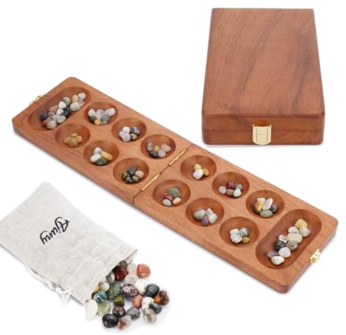 Ajuny Gioco Mancala in Legno Pieghevole da Viaggio con 80 Pietre