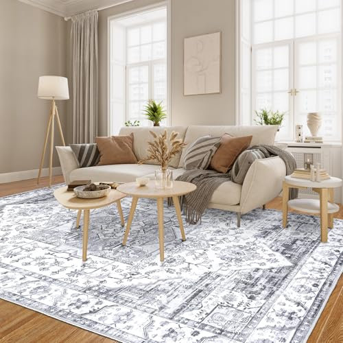 XSIVOD Grey Living Room Rug, Washable Area Rugs for Bedroom, Non Slip Vintage Rugs for Dining Room Home Office, Soft Low Pile Floral Rug Accent Floor Carpet for Home Decor, 150 x 210 cm