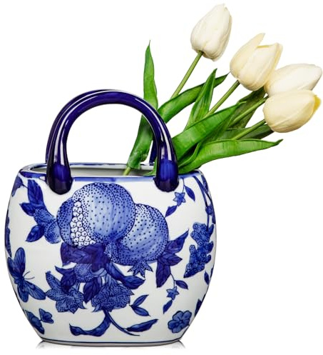 Hollyone 9 Blue and White Ceramic Vase for Home Decor, Hand-Painted Porcelain Flower Vase with Handbag Shape, Chinoiserie-Inspired Decorative Vases for Table, Shelf, Living Room