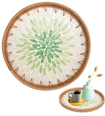 CRITIVE-SHOP Plateau de table basse rond en rotin avec nacre, Paniers décoratifs en osier pour décoration d'intérieur, rangement et présentation, Plateau tissé pour petit-déjeuner, fruits, aliments