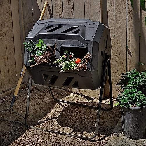 Compostador para exteriores, diseño de doble cámara para una rotación eficiente de 360 grados, acelera la descomposición de residuos orgánicos en suelo fértil para jardinería