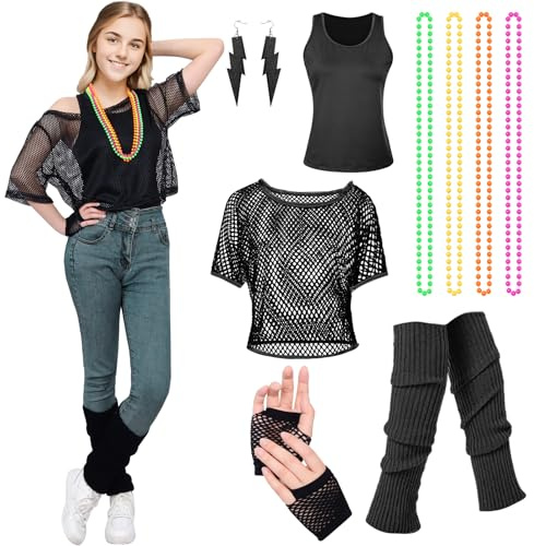 Déguisement des années 80 et 90 pour femme, haut en résille néon, chemise en résille pour fille, accessoire de costume rétro avec gants en résille et chaussettes montantes pour fête à thème, carnaval