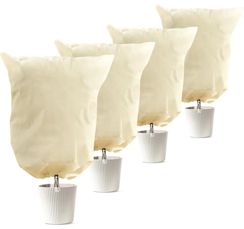 LCGOD Lot de 4 Housse Hivernage Plante 80g/m² - Protection Anti-Gel Réutilisable pour Plantes en Pot Extérieur, 60x80cm avec Cordon de Serrage