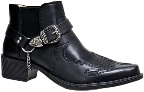 GIJMZY Botas Cowboy Hombre Botas vaqueras vintage for hombre, de cuero, caña alta, con hebilla de cadena y correa, zapatos punk, botas de motociclista de punta puntiaguda for hombre