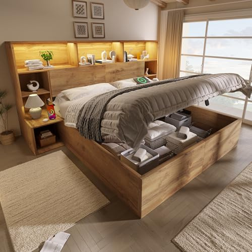 Cama de sistema, aspecto roble, cama con almacenamiento con sistema hidráulico, cama doble de madera con mesitas de noche integradas, estructura de cama con somier y estante para cabecero, LED y USB-C